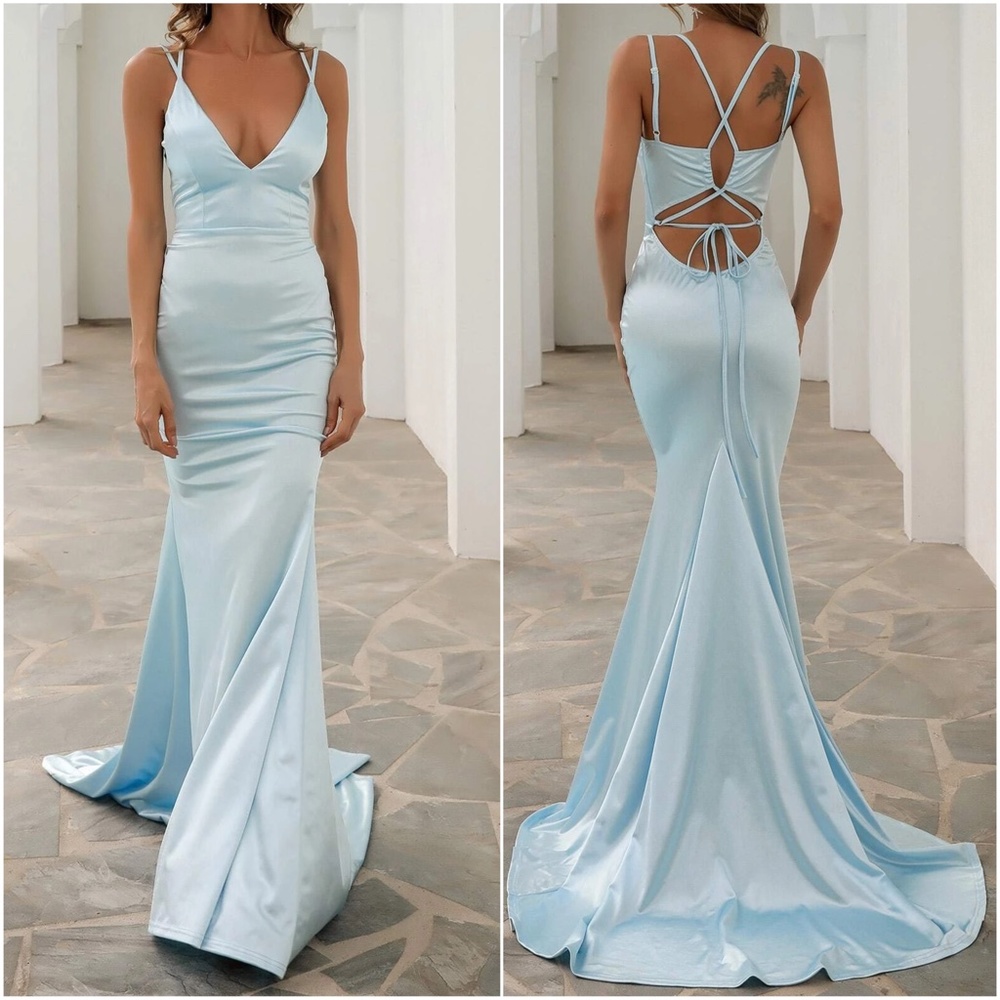 Luxe Satin Sexy Evening Prom Wedding Formal Prom Dress - Picture 8 of 9